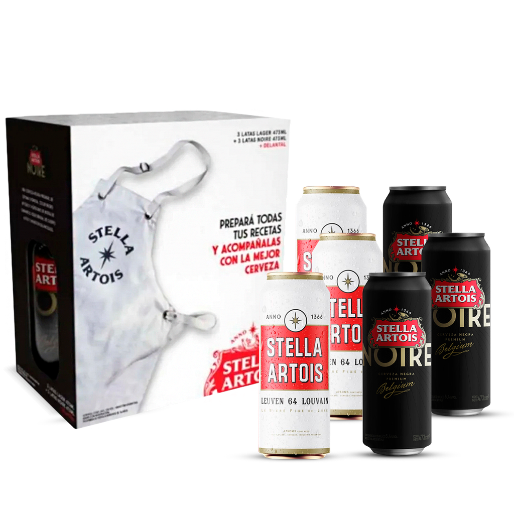 GIFTPACK STELLA 1 DELANTAL+ 3LATAS RUBIAS Y 3 LATAS NOIRE 473CC
