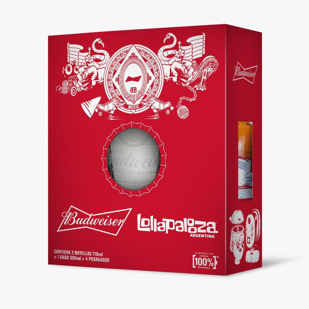 GIFTPACK LOLLAPALOZA BUDWEISER 4 POSAVASOS + 2 BOTELLAS 710CC