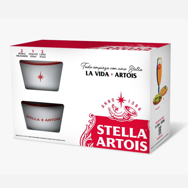 GIFTPACK STELLA ARTOIS 1 COPA 330CC + 2 LATAS 473CC + 2 BOWLS