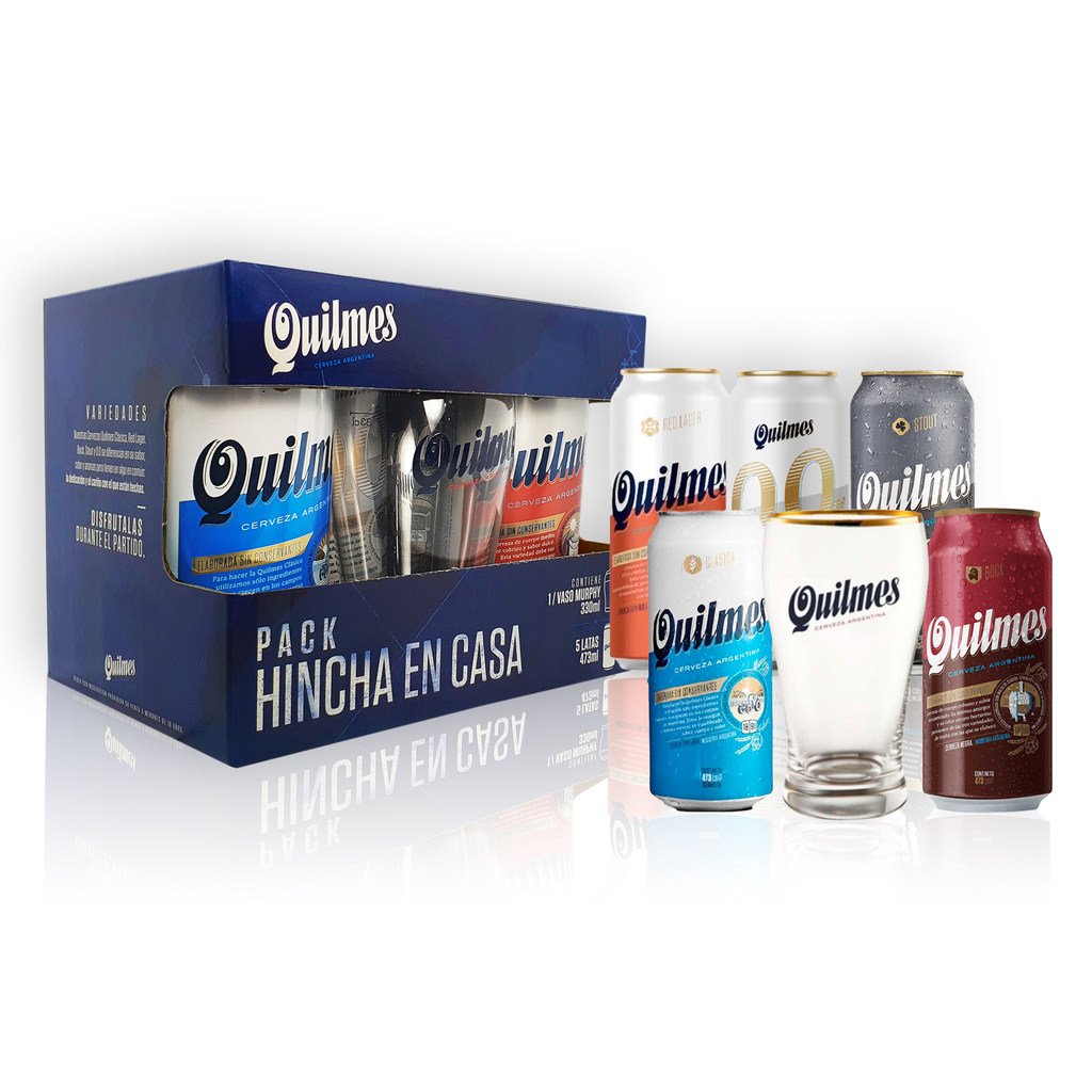 GIFTPACK QUILMES 5 LATAS 473CC + VASO 330CC BORDE DORADO