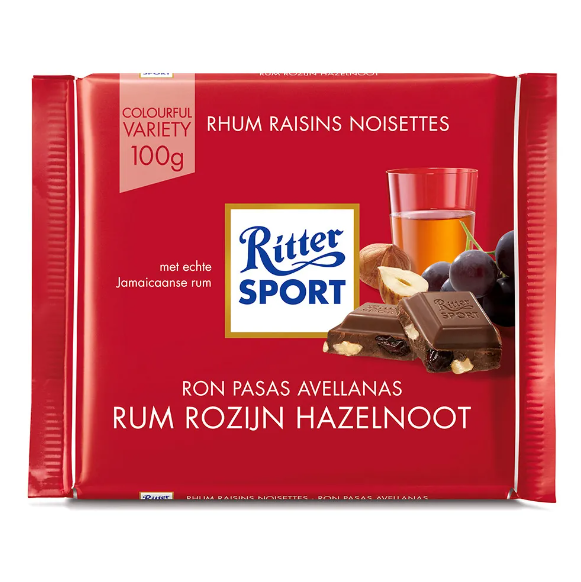 RITTER SPORT CHOCOLATE CON PASAS Y AVELLANAS 100GR