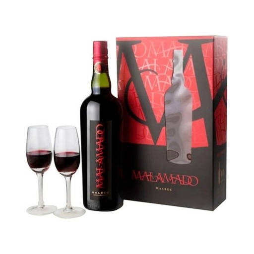 VINO MALAMADO MALBEC 2 COPAS + ESTUCHE