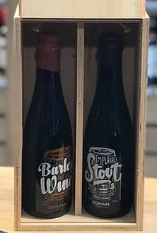 CERVEZA OGHAM 2 PORRONES 375CC + ESTUCHE DE MADERA