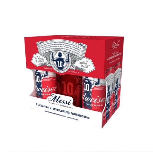 GIFTPACK BUDWEISER MESSI VASO ALUMINIO 330CC+5 LATAS 473CC