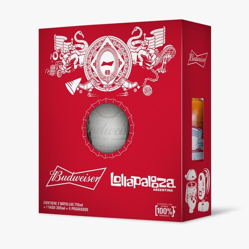GIFTPACK LOLLAPALOZA BUDWEISER 4 POSAVASOS + 2 BOTELLAS 710CC