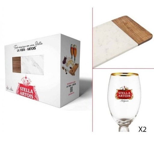 GIFTPACK STELLA 2 COPAS STELLA 330CC + TABLA MARMOL