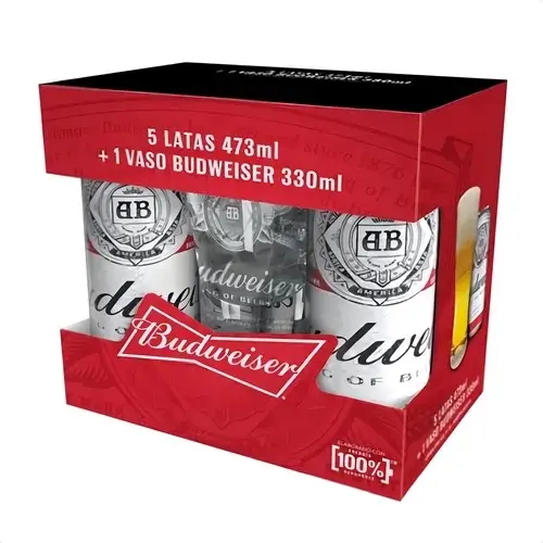 GIFT PACK BUDWEISER VASO DE VIDRIO 330CC + 5 LATAS